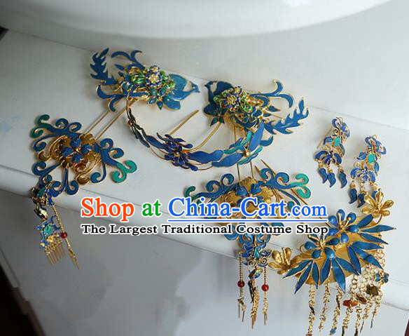 Chinese Handmade Hanfu Cloisonne Tassel Hair Crown Hairpins Traditional Ancient Princess Hair Accessories for Women