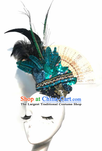 Halloween Handmade Stage Show Green Paillette Feather Hair Clasp Hair Accessories Brazilian Carnival Catwalks Headdress for Women