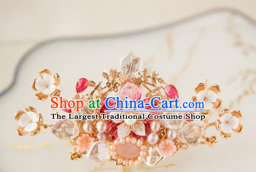 Chinese Handmade Pink Peach Blossom Hair Crown Hairpins Traditional Ancient Princess Hair Accessories for Women