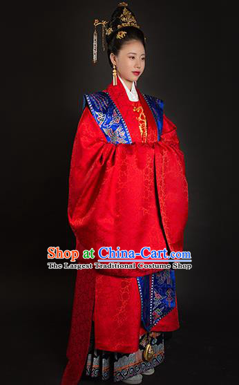 Traditional Chinese Ancient Ming Dynasty Imperial Empress Wedding Red Embroidered Historical Costume and Headpiece Complete Set