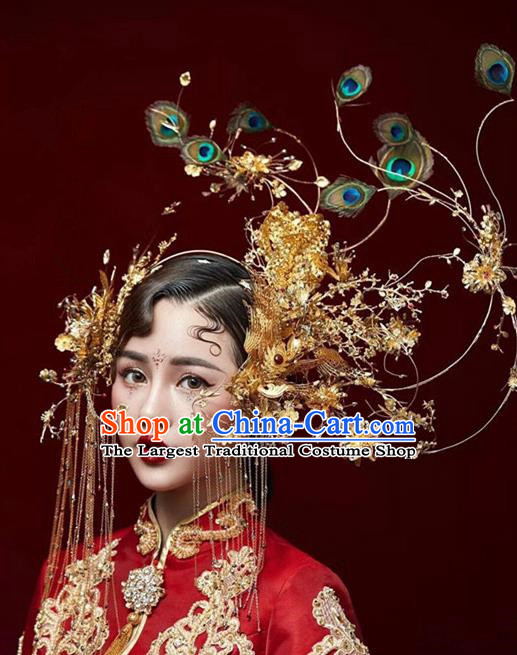 Traditional Chinese Handmade Hanfu Peacock Feather Phoenix Coronet Hairpins Ancient Tang Dynasty Imperial Consort Hair Accessories for Women