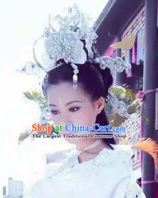 Handmade Chinese White Phoenix Coronet Traditional Hanfu Hairpins Ancient Ming Dynasty Princess Hair Accessories for Women