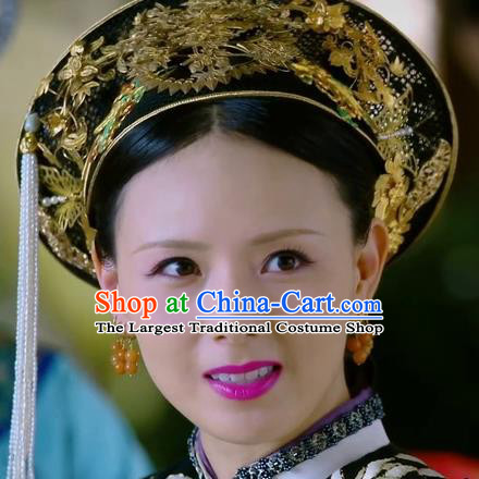 Chinese Handmade Hanfu Qing Dynasty Royal Lady Golden Hat and Hairpins Traditional Ancient Imperial Consort Hair Accessories for Women