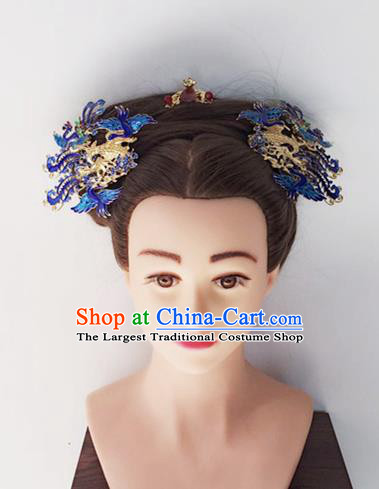 Chinese Handmade Hanfu Qing Dynasty Blueing Phoenix Hairpins Traditional Ancient Imperial Consort Hair Accessories for Women