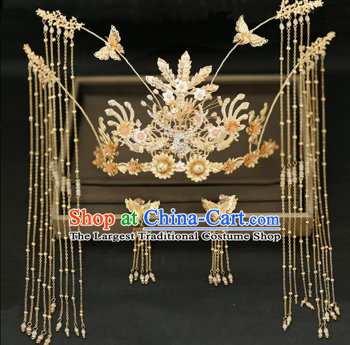 Handmade Chinese Ancient Wedding Tassel Phoenix Coronet Hairpins Traditional Bride Hanfu Hair Accessories for Women