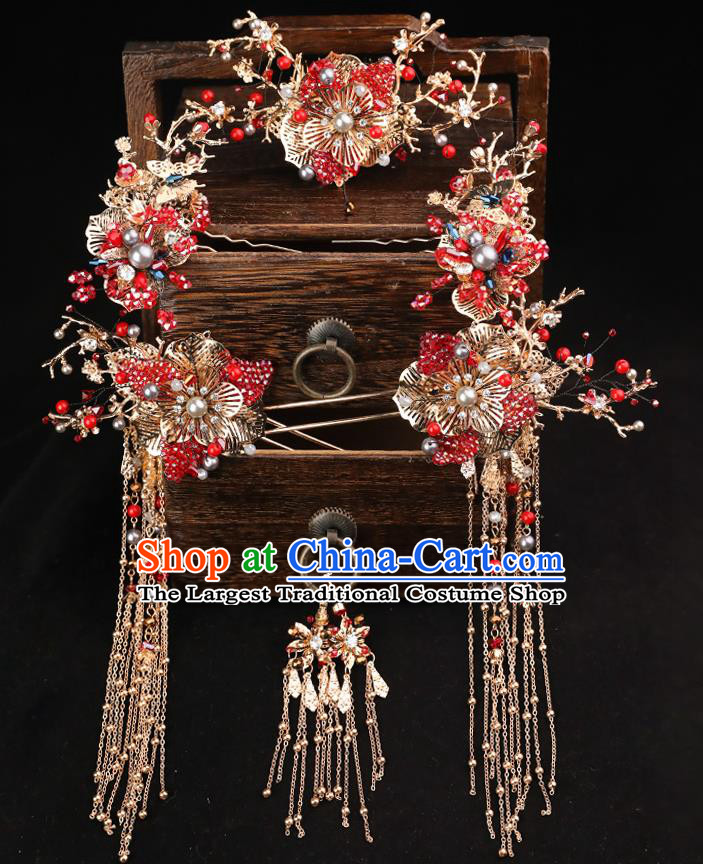 Handmade Chinese Wedding Red Crystal Hair Comb Tassel Hairpins Ancient Traditional Hanfu Hair Accessories for Women