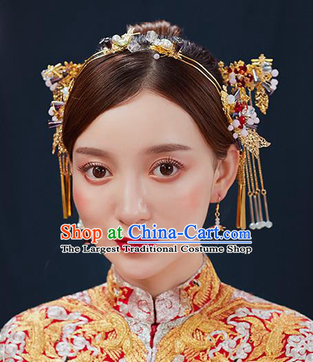 Handmade Chinese Wedding Tassel Golden Hair Clasp Hairpins Ancient Traditional Hanfu Hair Accessories for Women