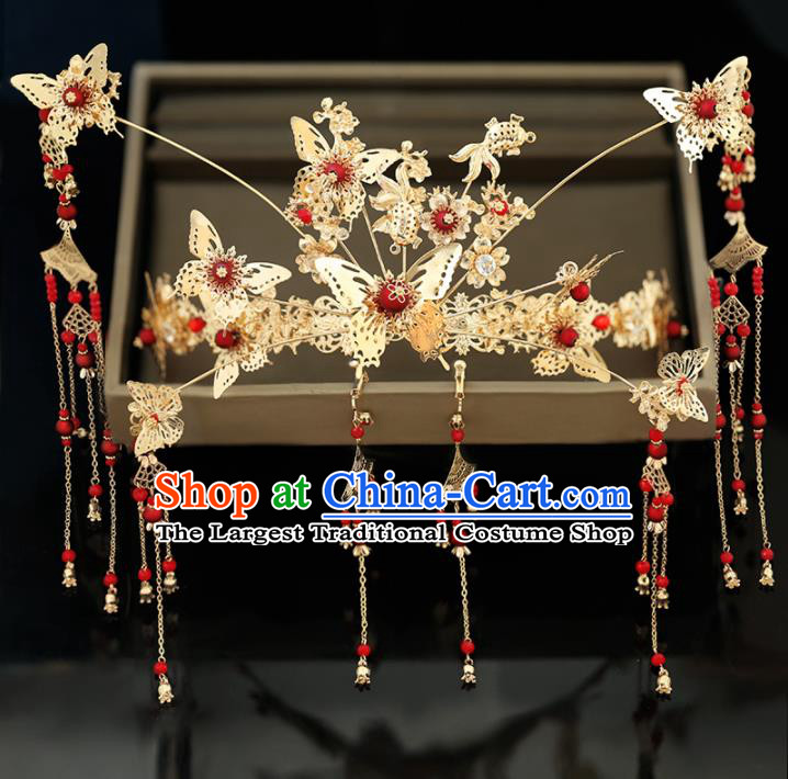 Handmade Chinese Ancient Wedding Hairpins Butterfly Phoenix Coronet Traditional Bride Hanfu Hair Accessories for Women