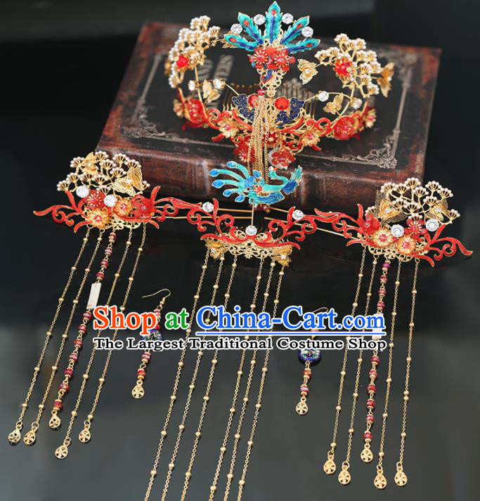 Handmade Chinese Ancient Wedding Hairpins Cloisonne Phoenix Coronet Traditional Bride Hanfu Hair Accessories for Women