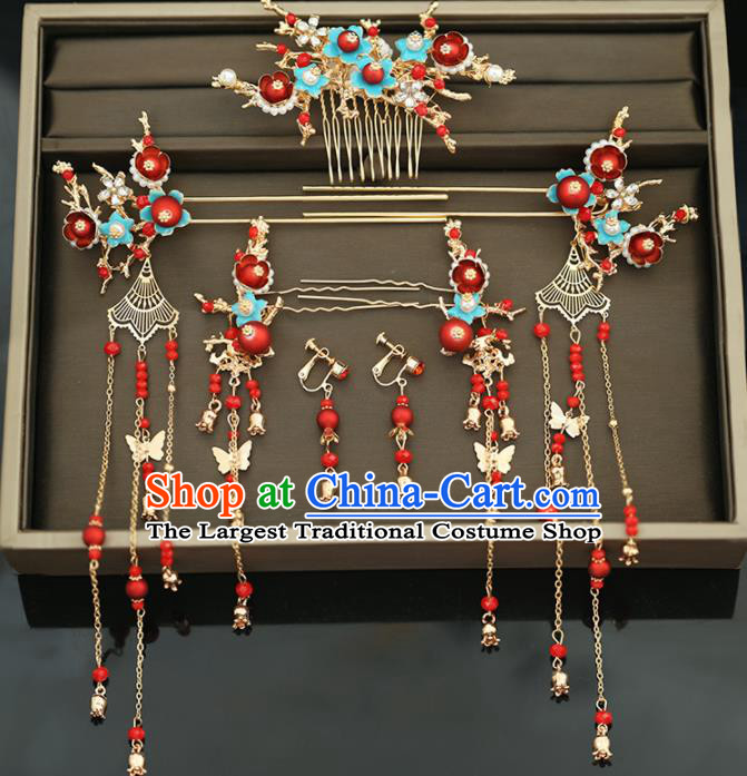 Handmade Chinese Ancient Wedding Hairpins Red Beads Hair Comb Traditional Bride Hanfu Hair Accessories for Women