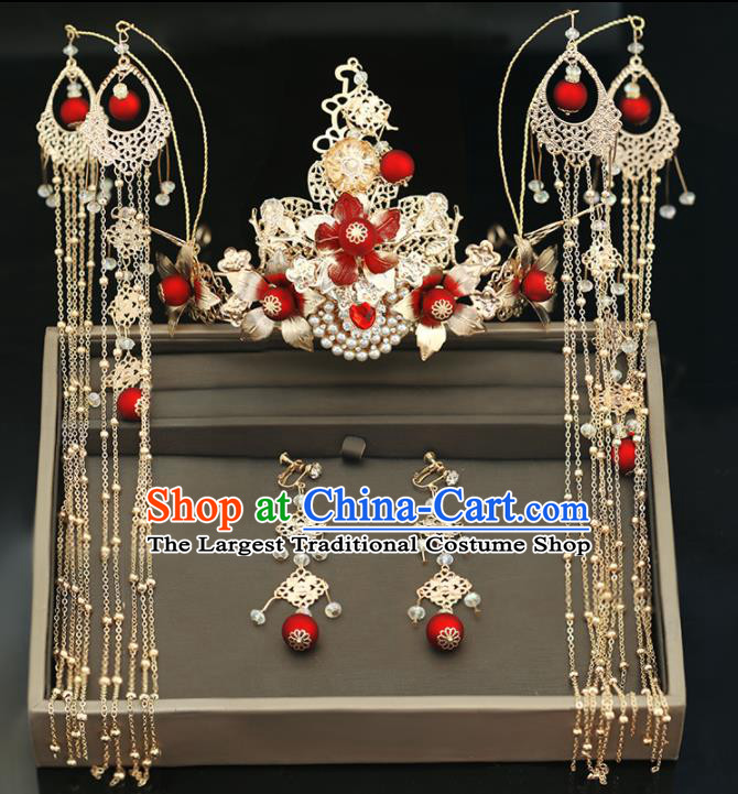 Handmade Chinese Ancient Wedding Tassel Step Shake Hairpins Phoenix Coronet Traditional Bride Hanfu Hair Accessories for Women