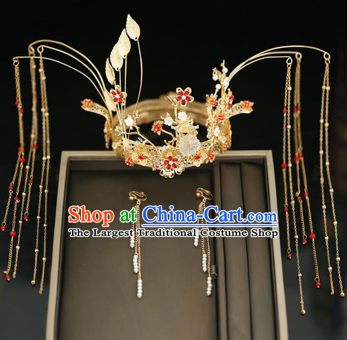 Handmade Chinese Ancient Wedding Hairpins Tassel Plum Blossom Phoenix Coronet Traditional Bride Hanfu Hair Accessories for Women