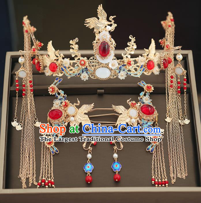 Handmade Chinese Ancient Wedding Blueing Agate Phoenix Coronet Tassel Hairpins Traditional Bride Hanfu Hair Accessories for Women