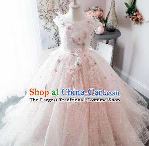 Top Grade Modern Fancywork Court Princess Pink Dress Catwalks Compere Stage Show Dance Costume for Kids