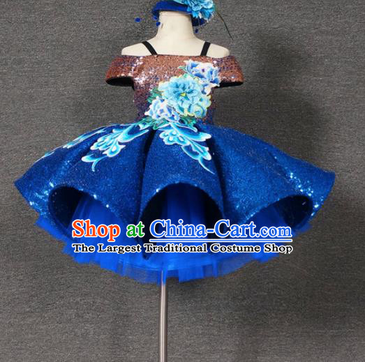 Top Grade Chinese Stage Performance Blue Bubble Full Dress Catwalks Dance Embroidered Costume for Kids