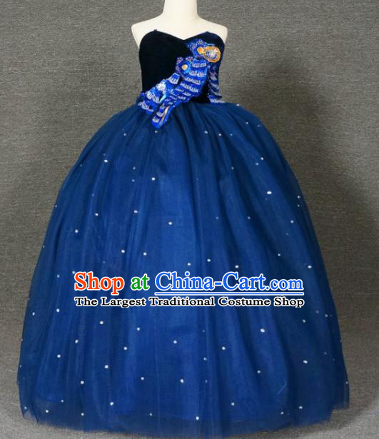 Top Grade Modern Fancywork Court Princess Navy Veil Dress Catwalks Compere Stage Show Dance Costume for Kids