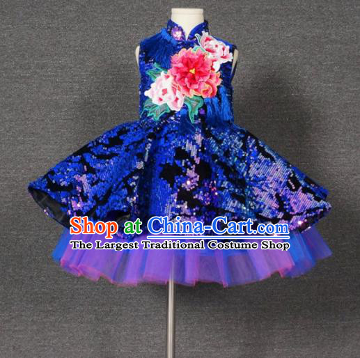 Top Grade Chinese Stage Performance Royalblue Paillette Full Dress Catwalks Dance Embroidered Costume for Kids