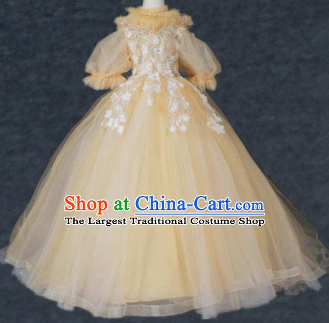 Top Grade Modern Fancywork Court Princess Yellow Veil Trailing Dress Catwalks Compere Stage Show Dance Costume for Kids