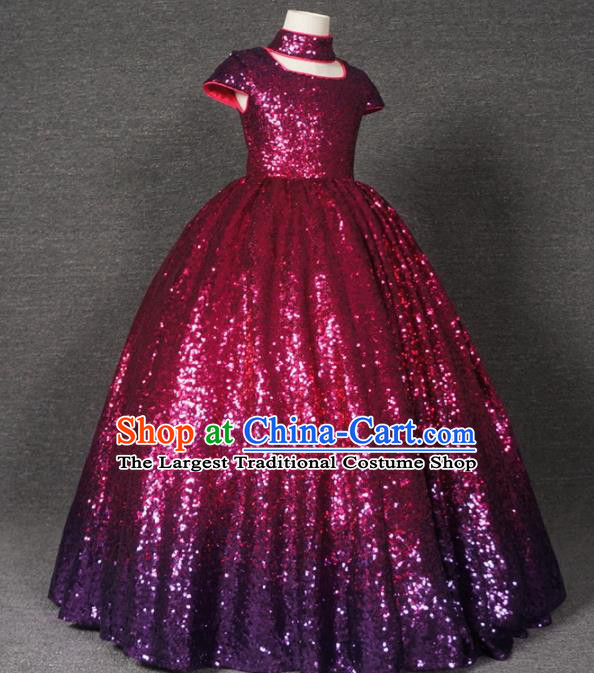 Top Grade Catwalks Court Princess Wine Red Dress Compere Modern Fancywork Stage Show Dance Costume for Kids