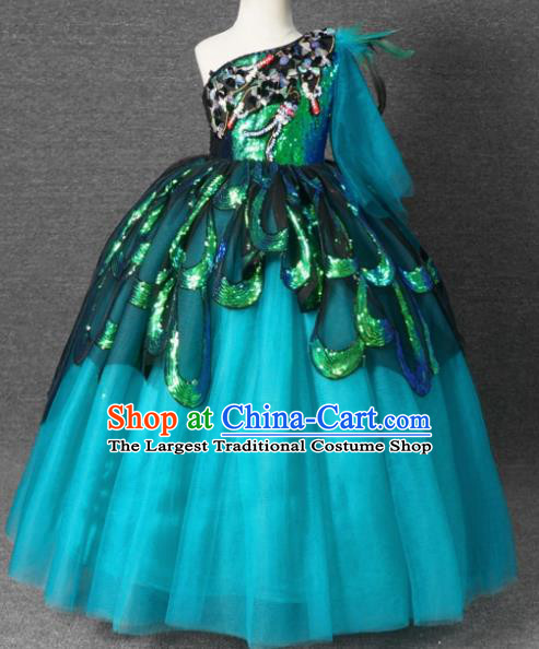 Top Grade Catwalks Court Princess Green Paillette Dress Compere Modern Fancywork Stage Show Dance Costume for Kids