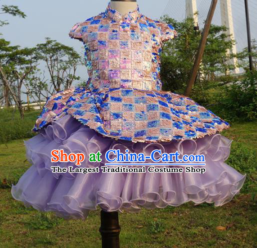 Chinese Stage Performance Full Dress Catwalks Purple Qipao Modern Fancywork Dance Costume for Kids