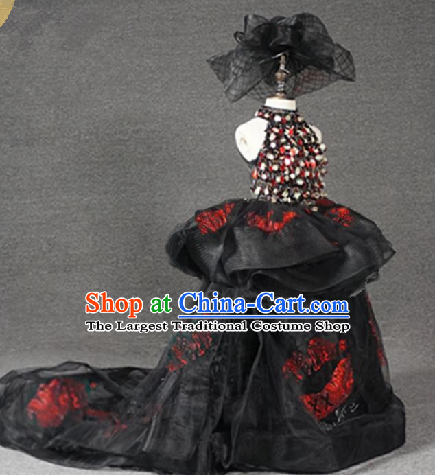 Top Grade Catwalks Stage Show Black Trailing Dress Modern Fancywork Compere Court Princess Dance Costume for Kids