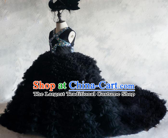 Top Grade Catwalks Stage Show Black Veil Trailing Dress Modern Fancywork Compere Court Princess Dance Costume for Kids