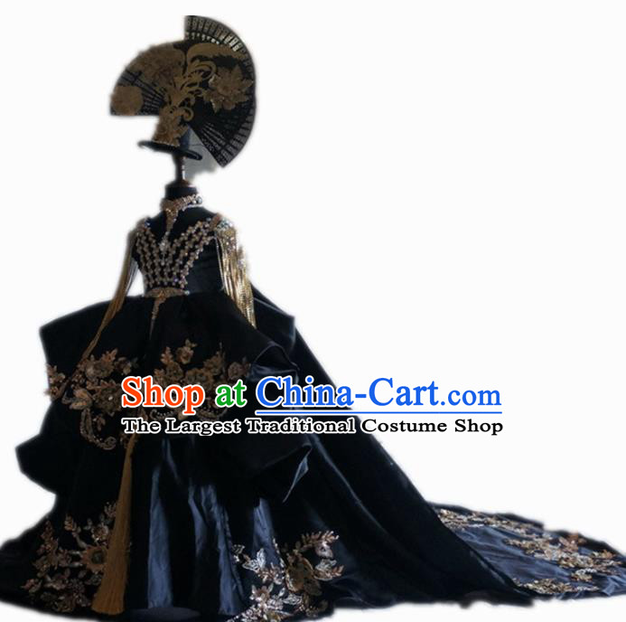 Top Grade Catwalks Stage Show Trailing Dress Modern Fancywork Compere Court Princess Dance Costume for Kids