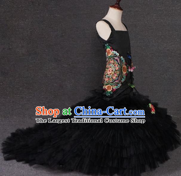 Top Grade Catwalks Stage Show Black Veil Trailing Dress Modern Fancywork Compere Court Princess Dance Costume for Kids