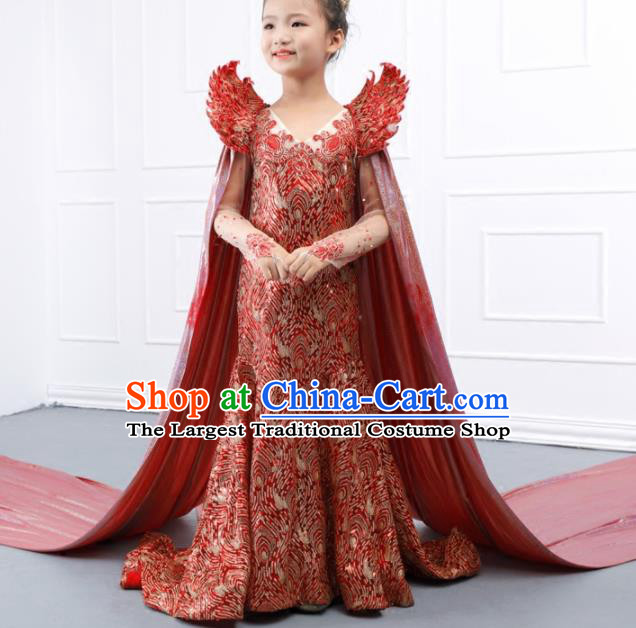 Top Grade Catwalks Stage Show Red Trailing Dress Modern Fancywork Compere Court Princess Dance Costume for Kids