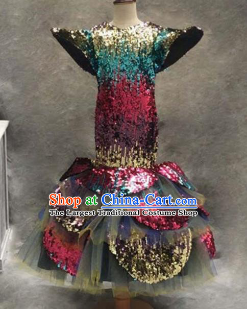 Top Grade Catwalks Stage Show Colorful Paillette Dress Modern Fancywork Compere Court Princess Dance Costume for Kids