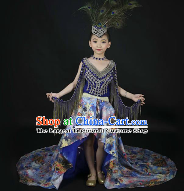 Top Grade Catwalks Stage Show Printing Blue Trailing Dress Modern Fancywork Compere Court Princess Dance Costume for Kids