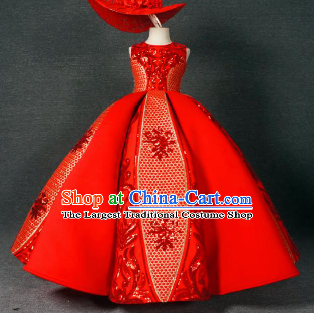 Chinese Stage Performance Embroidered Red Bubble Full Dress Catwalks Modern Fancywork Dance Costume for Kids