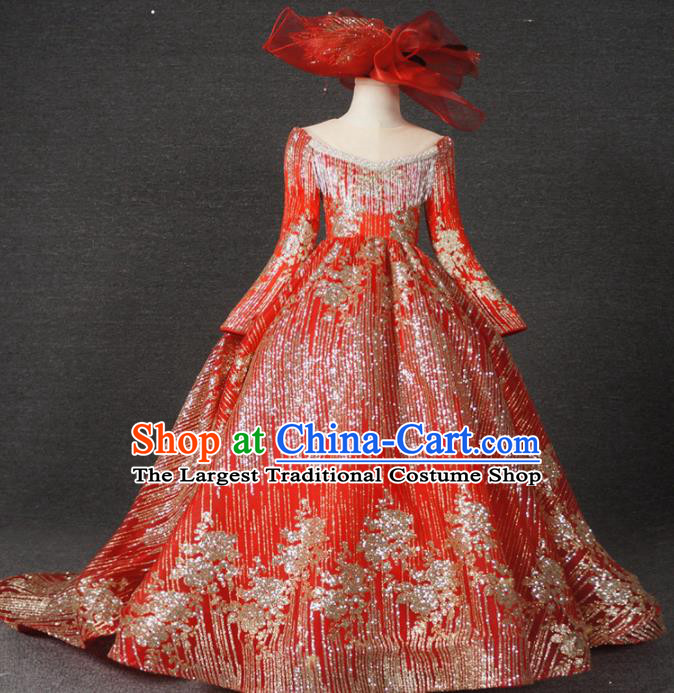 Top Grade Catwalks Court Princess Embroidered Red Dress Compere Modern Fancywork Stage Show Dance Costume for Kids