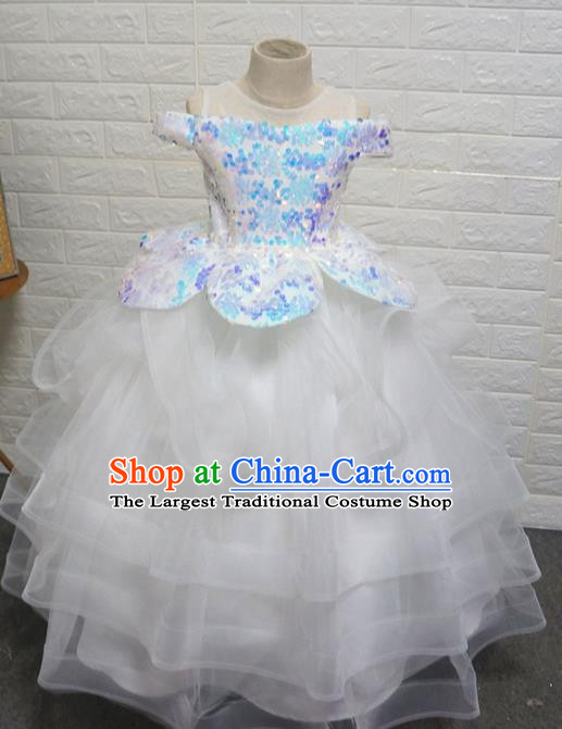 Top Grade Stage Show Dance White Veil Full Dress Catwalks Court Princess Costume for Kids