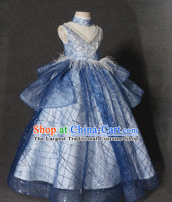 Top Grade Stage Show Dance Compere Blue Veil Full Dress Catwalks Court Princess Costume for Kids