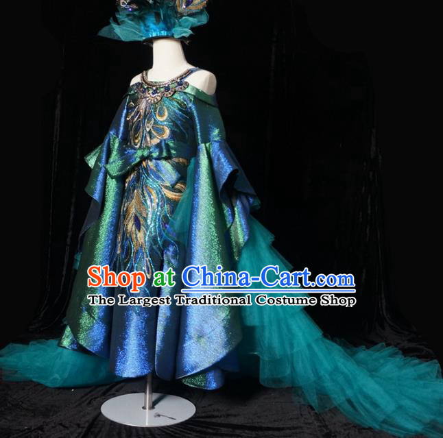 Top Grade Stage Show Dance Peacock Trailing Full Dress Catwalks Court Princess Costume for Kids