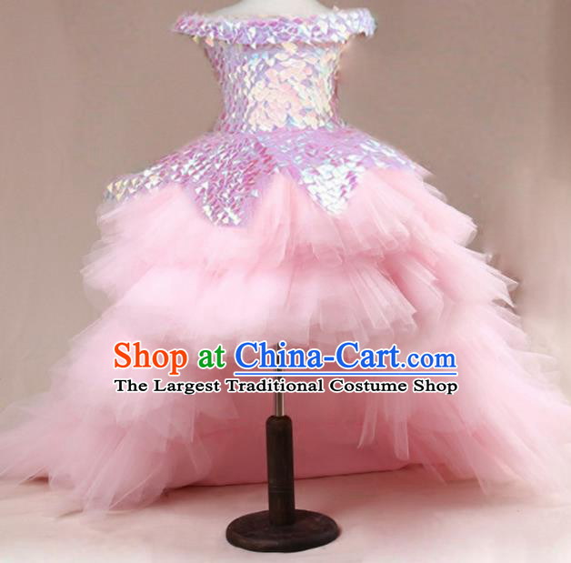 Top Grade Stage Show Dance Compere Pink Veil Trailing Full Dress Catwalks Court Princess Costume for Kids