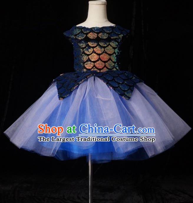 Top Grade Stage Show Dance Compere Blue Bubble Veil Full Dress Catwalks Court Princess Costume for Kids