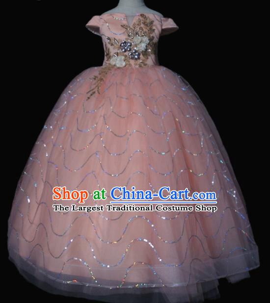 Top Grade Modern Fancywork Compere Pink Veil Dress Catwalks Court Princess Stage Show Dance Costume for Kids