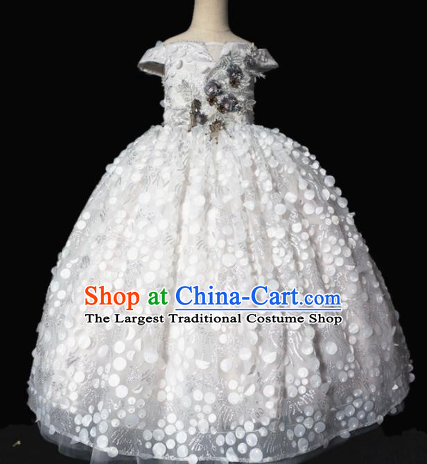 Top Grade Modern Fancywork Compere White Dress Catwalks Court Princess Stage Show Dance Costume for Kids