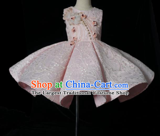 Top Grade Modern Fancywork Compere Pink Bubble Dress Catwalks Court Princess Stage Show Dance Costume for Kids