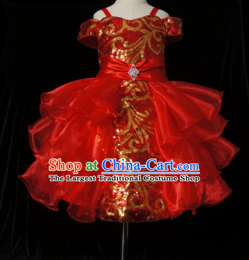 Top Grade Modern Fancywork Compere Red Short Dress Catwalks Court Princess Stage Show Dance Costume for Kids