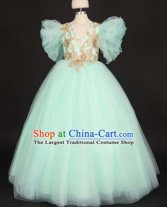 Professional Girls Compere Light Green Veil Full Dress Modern Fancywork Catwalks Stage Show Costume for Kids