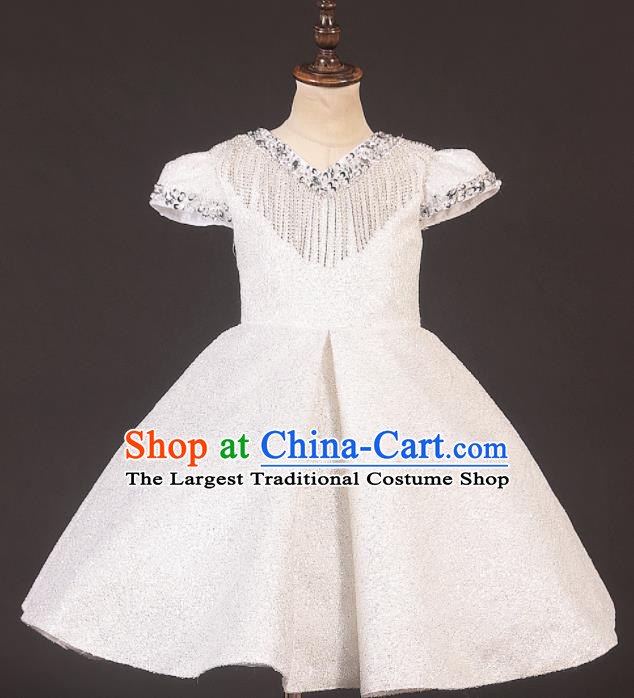 Professional Catwalks Stage Show Dance White Dress Modern Fancywork Compere Court Princess Costume for Kids