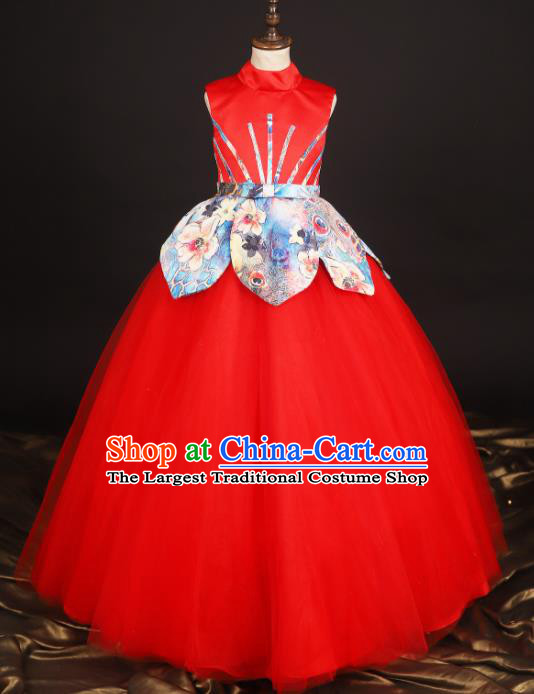 Professional Girls Compere Red Veil Long Full Dress Modern Fancywork Catwalks Stage Show Costume for Kids