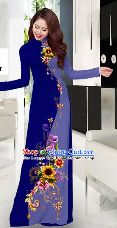 Navy Aodai Cheongsam Asian Vietnam Traditional Costume Vietnamese Bride Classical Qipao Dress for Women