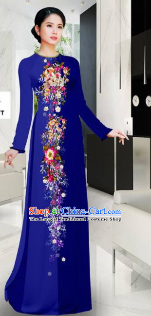 Asian Printing Flowers Royalblue Aodai Cheongsam Vietnam Traditional Costume Vietnamese Bride Classical Qipao Dress for Women