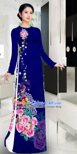 Asian Vietnam Printing Roses Navy Aodai Cheongsam Traditional Costume Vietnamese Bride Classical Qipao Dress for Women