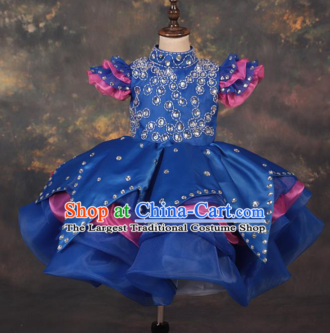 Professional Catwalks Stage Show Dance Royalblue Veil Dress Modern Fancywork Compere Court Princess Costume for Kids